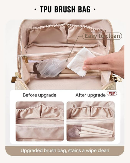 EACHY Travel Makeup Bag,Large Capacity Cosmetic Bags for Women,Waterproof Portable Pouch Open Flat Toiletry Bag Pattern Makeup Bag (F-Brown-Large)