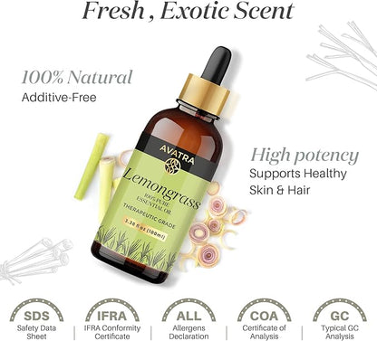 Avatra Lemongrass Essential Oil 100ML (3.38 OZ) with Glass Dropper and Travel Bottle, Pure and Natural Therapeutic Grade Lemongrass Oil for Diffuser, Aromatherapy, Massage, and DIY Candle Products