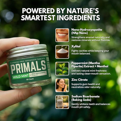 PRIMALS Fluoride-Free Toothpaste Tablets - Nano Hydroxyapatite - Zero Artificial Flavors or Plastic - Remineralizes & Whitens Teeth - 60 Count (1 Month Supply)