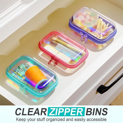 Hoolerry 3 Pcs Clear Hard Zipper Case Plastic Pouch Transparent Hard Case Clear Makeup Bag Portable Travel Organizer Bin for Cosmetics, Building Blocks, Puzzles(Laser,Xs)