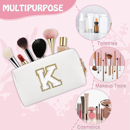Personalized Small Travel Preppy Makeup Bag,Chenille Letter White Initial Cosmetic Pouch Travel Toiletry Organizer, Waterproof PU Leather Makeup Storage Birthday Gift for Women Best Friends(Letter K)