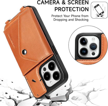 LUCKYCOIN Crossbody Wallet Phone Case for iPhone 14 Pro,100% Genuine Leather Wallet Phone Case with Expandable Flip Card Holder,Phone Purse for Women with Adjustable Removable Strap - Brown