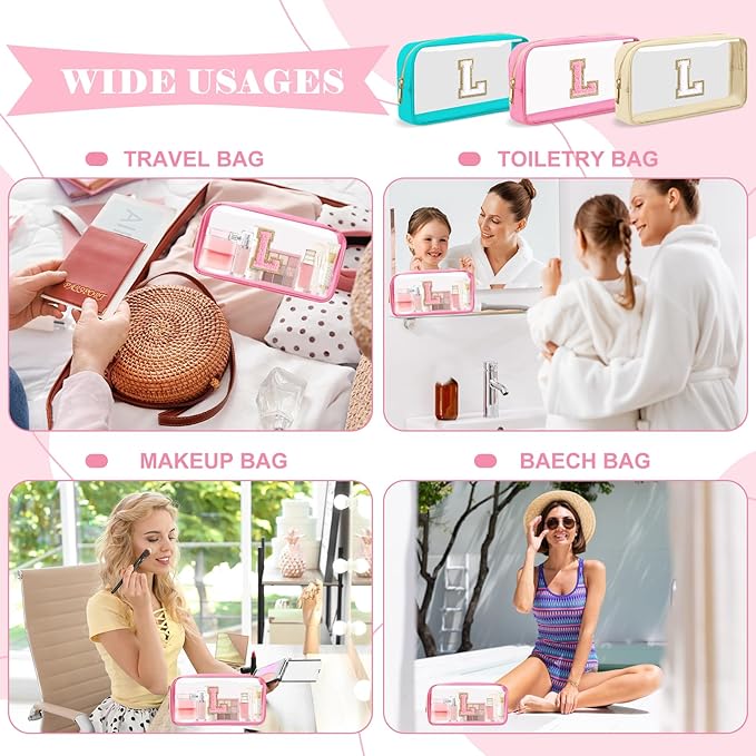 Personalized Initial Letter Clear Makeup Bag,Preppy Small Nylon&PVC Cosmetic Zipper Bag with Chenille Letter,Portable Beach Travel Skincare Toiletry Bag,Trendy Monogram Gift for Teen Girls Women,L