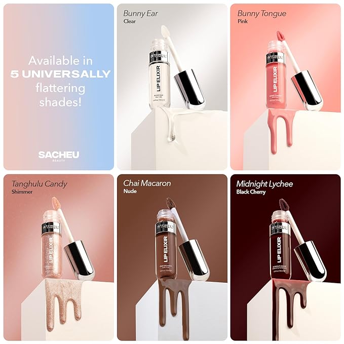 Sacheu Lip Elixir Nourishing and Hydrating Lipgloss — Moisturizing Plumping Lip Gloss Enriched with Collagen, Non-Sticky Lip Color Smooth High-Shine Finish, Vegan & Cruelty-Free, Midnight Lychee