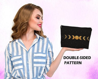 Abstract Boho Minimalist Moon Phases Cosmetic Bag, Mid Century Bohemian Modern Art Makeup Bag Zipper Cosmetic Pouch Bag Travel Linen Makeup Organizer, Boho Gifts for Women Teen Girls Her Teens