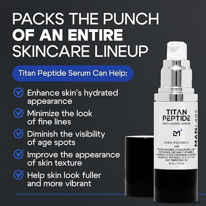 Titan Anti-Aging Peptides Serum for Face – High Potency Mens Peptide Serum Moisturizer – Mens Skin Care – Men, Dark Spots, Wrinkles, Fine Lines – Peptides, 5% Niacinamide, HA – Unscented