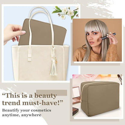 Nylon Large Makeup Bag Travel Pouch for Women, Preppy Big Makeup Bag Cute Cosmetic Zipper Pouch Purse, DIY Chenille Letter Bag Waterproof Toiletry Bag Clutch Make Up Organizer for Women Girls(Khaki)