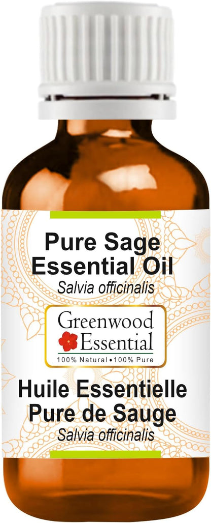 Greenwood Essential Sage Essential Oil (Salvia officinalis) Pure | Non-Sticky | Non-Greasy | Lightweight | Men & Women | All Skin Types | Steam Distilled 10ml (0.33 oz)