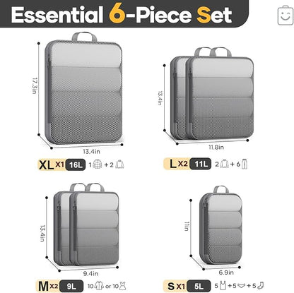 Veken 6/9/11 Set Compression Packing Cubes for Travel Essentials,Compressible Expandable Large Luggage Suitcase Organizer Bags for Clothing,Durable Space Saver Storage Bags(Gray)