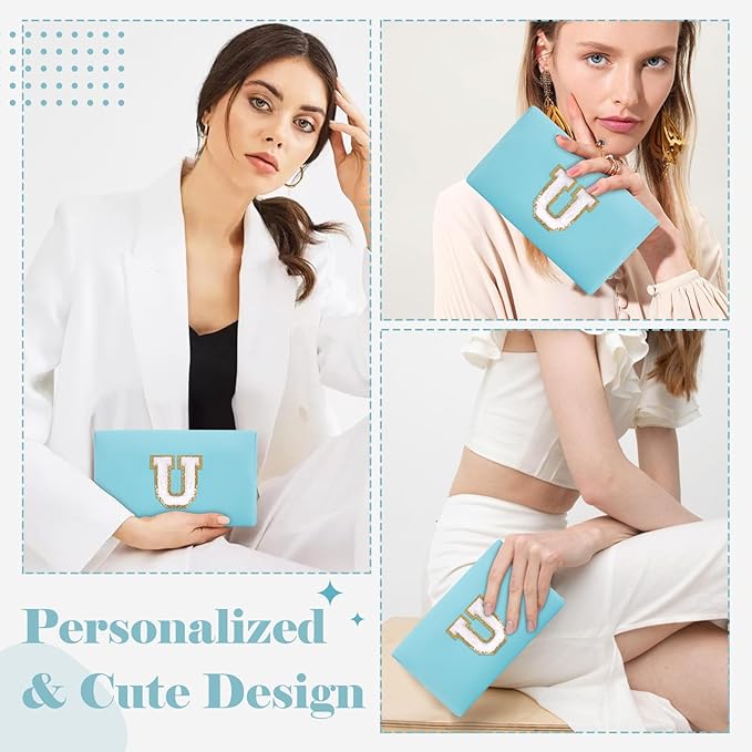 Small Personalized Initial A-Z Preppy Patch Makeup Bag,PU Chenille Letter Travel Cosmetic Pouch with Zipper,Blue Cute Toiletry Bag,Gift Ideal for Teen Girls Women Teacher Bridesmaid,Letter U