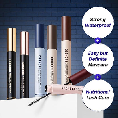 COSNORI Perfect Setting Waterproof Mascara Volume & Curl - Volumizing Mascara Black – Thicker, Voluminous Eyelashes – Waterproof, Smudge Proof, Clump Free – Irritation Free Tested, 0.24 fl.oz.