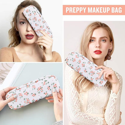 izuzta Nylon Small Floral Makeup Bag Slim Pouch, Preppy Cute Makeup Brush Case Bag Cosmetic Zipper Pouch Purse, Waterproof Travel Toiletry Bag Coin Pouch Make Up Organizer Women Girls(White-Floral)