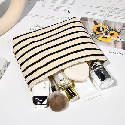 SOIDRAM 2 Pieces Makeup Bag Large Stripe Cosmetic Bag Capacity Canvas Mix Travel Toiletry Bag Organizer Cute Makeup Brushes Aesthetic Accessories Storage Bag for Women, Stripe Mix White
