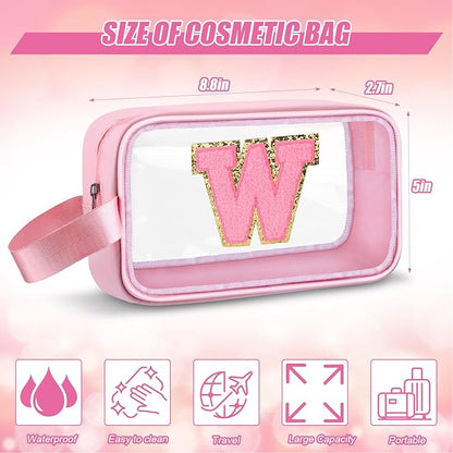 Initial Makeup Bag,Letter W Cute Clear Monogrammed Cosmetic Travel Bag for Womens Girls,Personalized Pink Aesthetic Traveling Make Up Organizer Bag for Beach,Waterproof Toiletry Bag