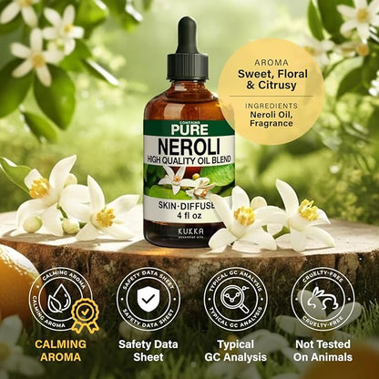 KUKKA Neroli Essential Oils - 4 Fl Oz - for Hair, Skin, Diffuser, Aromatherapy & DIY Soap Making Scent