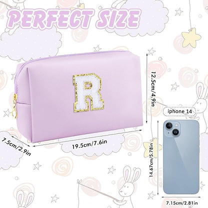 Gifts for Girls Initial Makeup Bag Personalized Cosmetic Bag with Zipper Cute Travel Toiletry Bag Waterproof PU Preppy Makeup Pouch Birthday Gift for Teen Girls Women(Purple R)