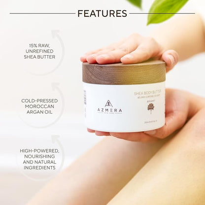 AZMERA Handcrafted Whipped Shea Body Butter – Luxurious Moisturizer for Dry, Sensitive Skin with Bergamot, Argan Oil & Vitamin E – Vegan, Non-Greasy Skincare – 8.82 oz