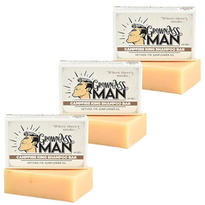 Grown Ass Man Co. - Solid Shampoo Bar Rich Lather 3 in 1: Hair, Beard & Body Wash - Plastic Free & Eco-Friendly, Natural & Organic Clean for All Hair Types, 4oz Bar (Campfire King, 3-Pack)