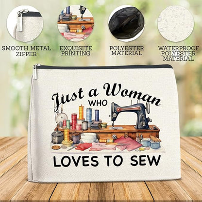 Sewing Gifts Makeup Bag for Women, Hostess Gifts for Female Mom Grandma Birthday Christmas Gift for Quilters Sewing Lovers Just a Woman Who Loves to Sew Cosmetic Bag Travel Toiletry Pouch for Purse
