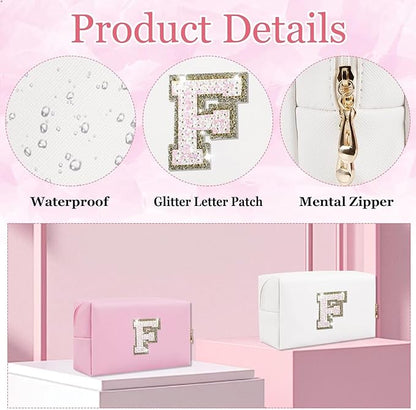 Small Personalized Glitter Initial Letter Makeup Bag, Cute PU Leather Chenille Letters Cosmetic Bag Travel Makeup Pouch, Preppy Travel Organizer Zipper Pouch for Women&Girls（White-F）
