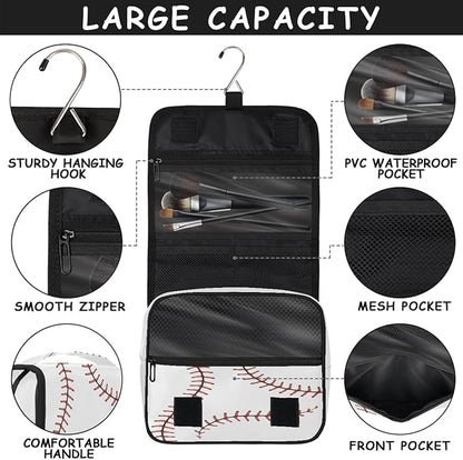 Travel Toiletry Bag for Women & Men Sport Baseball Red Hanging Cosmetic Organizer Portable Waterproof Makeup Case Make Up Bag with Compartments Travel Essentials for Bathroom Shower
