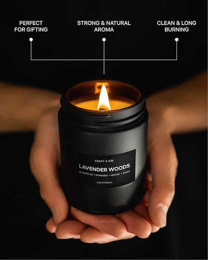 Craft & Kin Lavender Home Fragrance Bundle | Lavender and Wood Scented Candles + Lavender Room Spray | Men's Soy Candles & Room Freshener