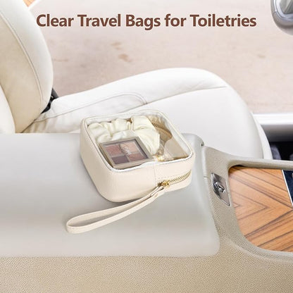 PACKISM Small Clear Makeup Bag - PU Leather Clear Travel Bags for Toiletries Mini Makeup Bag for Purse, Portable Cosmetic Bag Car Bag for Essentials for Women Gift Daily Use (Beige Mini)