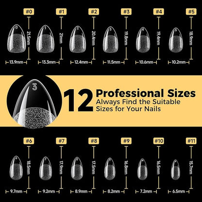 UNA GELLA Short Almond Gel Nail Tips, 600 Pcs Pre-Filed Short Nail Tips Almond Shape Half Matte Press On Nails 12 Sizes Full Cover Clear Fake Nails for Extension Home DIY Salon with Box