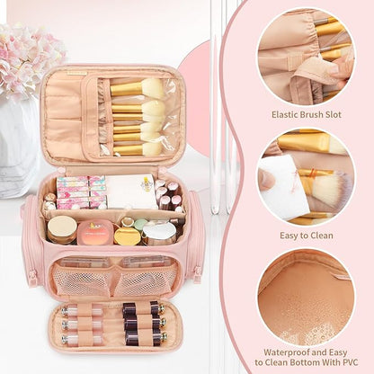 OCHEAL Large Makeup Bag,Cosmetic Organizer for Women with Zipper Pouch and Side Pocket, Multifunctional Compartments and Dividers,Travel Makeup Case for Toiletries, Brushes & Beauty Tools-Pink