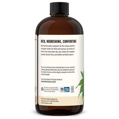Banyan Botanicals Organic Castor Oil – Pure and Refined Castor Oil – for Face and Skin Care, Hair Care, and Natural Beauty – 24 oz – Non GMO, Hexane Free, Vegan, and Cruelty Free