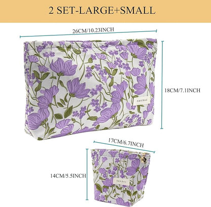 2 Pcs Makeup Bags, Large Cosmetic Bag Travel Toiletry Bag Organizer for Women, Embroidery Craft, Floral Makeup Bag Small Cosmetic Pouch Purse with Zipper Gifts for Girls Teen
