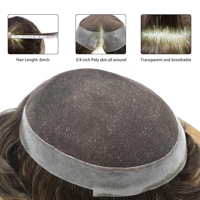 Toupee for Men French Lace Center Human Hair Replacement Systems Transparent Lace Center Hair Piece Mens Toupee Hair Units for Man V-Looped Front Male Hair Prosthesis 6"X9" 3# DARK BROWN