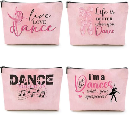 4 Pcs Dance Makeup Bag, Dancer Gifts, Dance Gifts Dance Stuff Cosmetic Bag Dance Recital Gifts for Girls Women Friends Teammates Travel Toiletry Bag, Dance Teacher Gifts Graduation Birthday Gifts