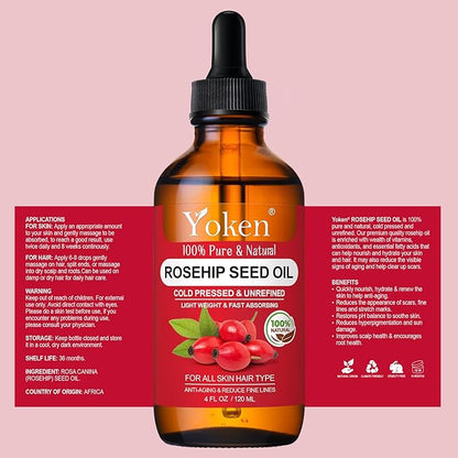 Rosehip Seed Oil For Face,100% Pure Rosehip oils For Skin,Scars,Hair & Nails.4 fl Oz Cold Pressed Rose Hips Oil For Skin Care, Anti-Aging, Scar Treatment, GUA SHA Massage DIY (4 Fl Oz)