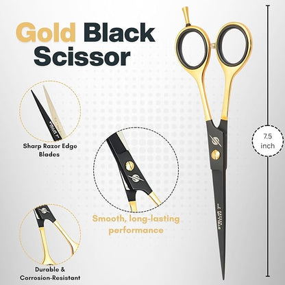 Professional Barber Hair Cutting Scissors 7.5” – Premium Japanese Stainless Steel Hair Shears with Razor Edge Blades – Salon & Home Haircut Scissors for Men, Women, Kids & Pets – Black Gold Series
