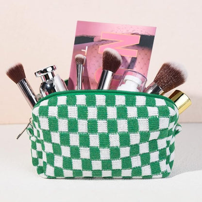 SOIDRAM Checkered Makeup Bag Preppy Cosmetic Bag Bulk Green Makeup Pouch Personalize Travel Toiletry Bag Organizer Cute DIY Makeup Brushes Storage Bag for Women