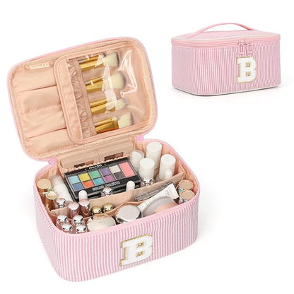 OCHEAL Makeup Bag for Women, Monogram Cosmetic Bag with Brush Holder, Pink Travel Makeup Case Beauty Toiletry Bag Organizer Personalized Gifts for Girls Bridesmaid, Sister, Wife, Friends Initial B