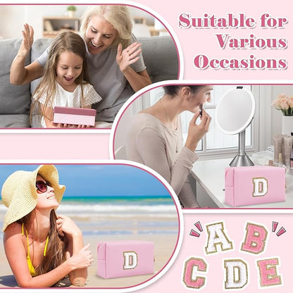 Personalized Initial A-Z Preppy Patch Makeup Bag,Small PU Chenille Letter Cosmetic Bag with Zipper for Teen Girls,Pink Cute Toiletry Organizer Bag,Monogram Makeup Case Gift for Women Girls,Letter D