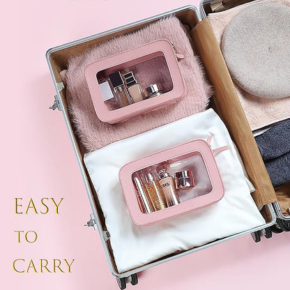 Clear and Waterproof Makeup Bag Portable Travel Cosmetic Case Organizer for Women Toiletry Pouch with Transparent Vinyl Windows & Zippers (Pink)