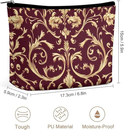 Fashion Zipper Cosmetic Case, Portable Makeup Case, Personality Toiletry Bag, Flower Maroon Gold Floral Classy Burgundy Antique Travel Cosmetic Toiletry Bag