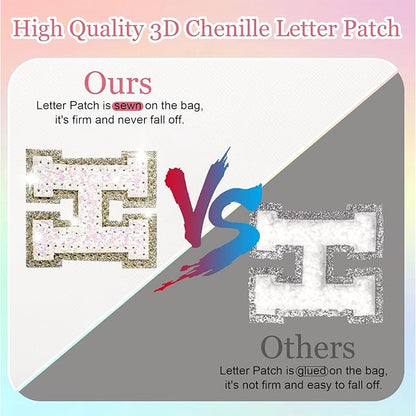 Small Personalized Glitter Initial Letter Makeup Bag, Cute PU Leather Chenille Letters Cosmetic Bag Travel Makeup Pouch, Preppy Travel Organizer Zipper Pouch for Women&Girls（White-U）