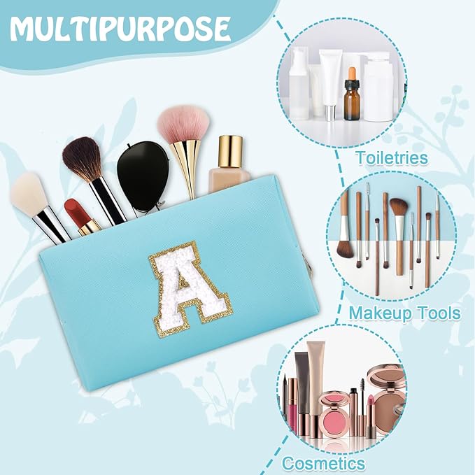 Personalized Initial Preppy Patch Makeup Bag, Small Blue Cute Cosmetic Pouch Makeup Organizer Travel Toiletry Zipper Pouch, Monogram Waterproof PU Chenille Letter Storage Bag Gift for Women(Letter A)