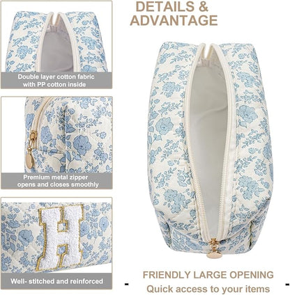 Gleyemor Personalized Initial Makeup Bag for Women, Cute Quilted Blue Floral Cotton Cosmetic Bag, Christmas Gifts for Her Mom Friend Sister Bridesmaid Teacher Women H