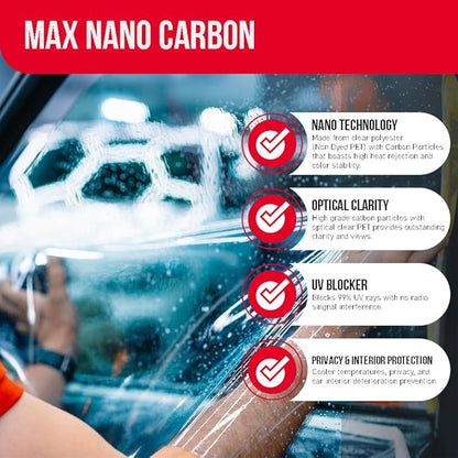 United Window Tint Car Film 20" in x 100'Ft MAX Nano Carbon Film 2Ply 20% VLT - Clear Polyester Privacy Window Tint Blocks UV/IR Rays, Heat & Glare- Laminate Adhesive with Lifetime Color Stability…