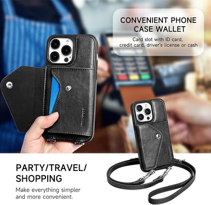 LUCKYCOIN Crossbody Wallet Phone Case for iPhone 14 Pro,100% Genuine Leather Wallet Phone Case with Expandable Flip Card Holder,Phone Purse for Women with Adjustable Removable Strap - Black