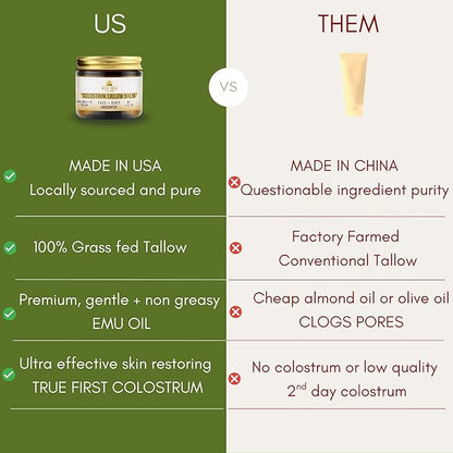 100% Grass Fed Tallow Balm with Colostrum & Emu Oil - Handmade Whipped Beef Tallow for Face and Body, Sensitive Skin Tallow Moisturizer made with True First Colostrum, (Unscented)