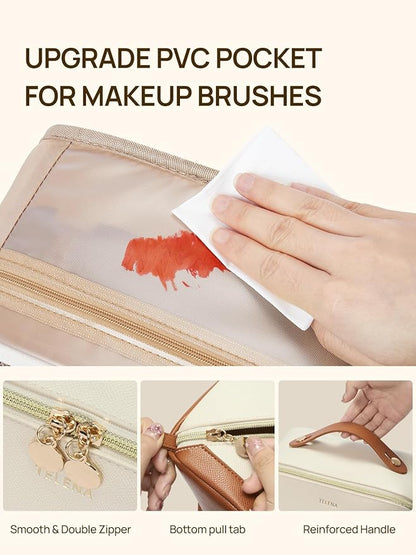 Telena Leather Make Up Bag Portable Travel Makeup Bag Waterproof Cosmetic Bags for Women Large Capacity With Handle and Divider Open Flat