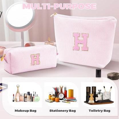 Monogrammed Gifts for Women - Cosmetic Bag for Teen,Initial Cute Makeup Bag Set for Women,Trendy Pouch for Niece Sister Friend Female Her,Birthday Gifts for Daughter - Pink,H