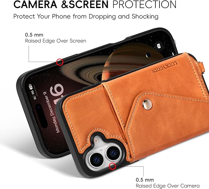 LUCKYCOIN Crossbody Wallet Phone Case for iPhone 17,100% Genuine Leather Wallet Phone Case with Expandable Flip Card Holder,Phone Purse for Women with Adjustable Removable Strap - Tan