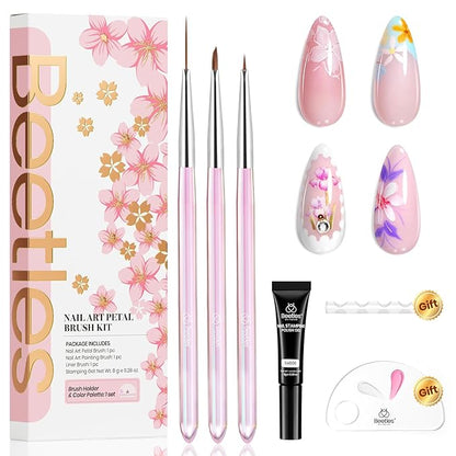 Beetles Nail Art Brushes Set for Gel Polish 3 Pcs Nail Art Design Pen and One White Painting Gel All-in-One Petal Brush Kit Flower DIY with Palette Dotting Manicure Tool Set